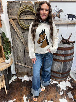 Saddle Sweetheart Horse Knit Blanket Stitch Western Sweater