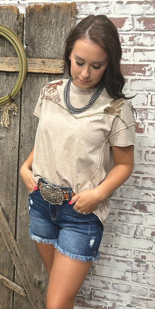 The Lone Cowgirl Western Embroidered Yoke High Low T Shirt-Taupe