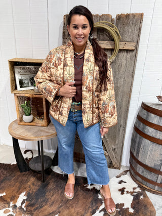 Cowboy Desert Print Quilted Jacket – Western Ranch Scene Puff