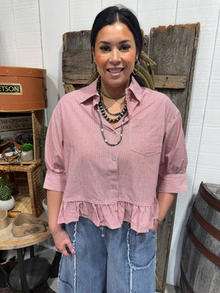 Red & White Striped Peplum Button-Down Babydoll Top | Puff Sleeve Cotton Blouse