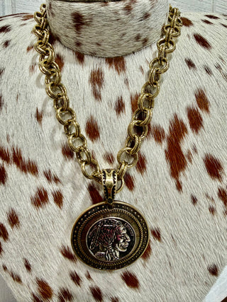 Western Coin Medallion Chunky Chain Necklace | Vintage Buffalo Nickel Pendant | Statement Cowgirl Jewelry