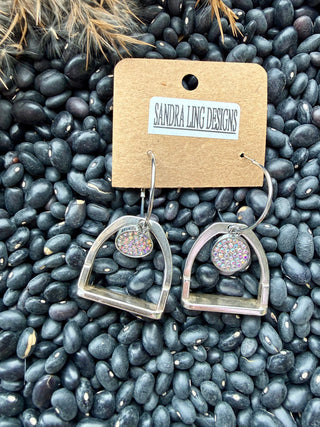 Silver Stirrup Earrings with Crystal Accent – Western Equestrian Hoops