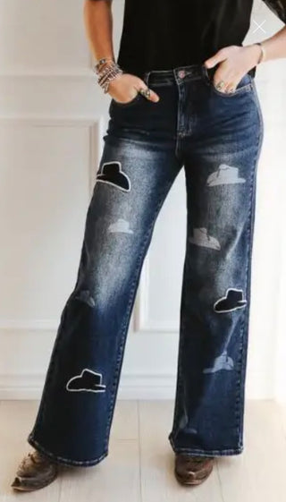 Lucky & Blessed Cowboy Hat Wide Leg Jeans | Mid Wash Western Patchwork Denim