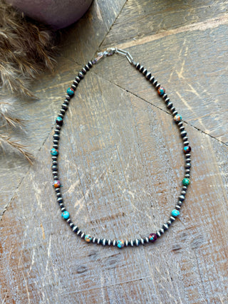 16” Turquoise Dahlia & Sterling Silver Pearl Choker