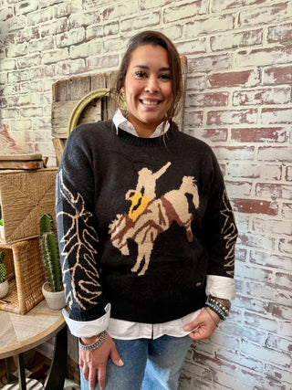 Rodeo Cowboy Graphic Sweater – Western Bronc Rider Pullover