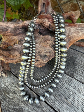 Triple Strand Navajo Style Pearl Necklace – Western Silver Beaded Statement Jewelry