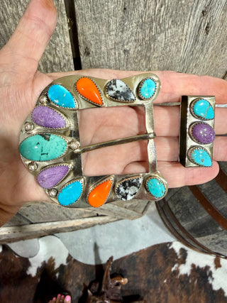 Western Multi-Stone Belt Buckle Set – Turquoise, Orange & Purple Spiny Oyster | Statement Cowgirl Buckle