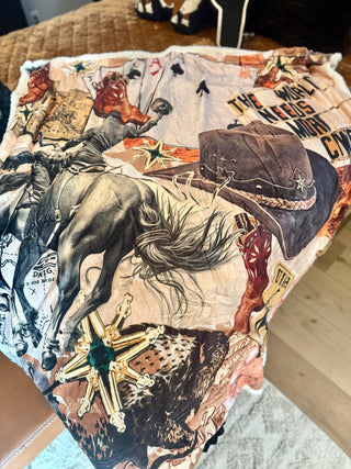 Western Cowboy Collage Printed Sherpa Blanket
