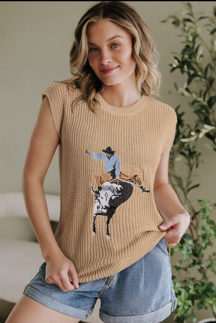 Let’s Go To The Buck Out Sweater Vest- Tan