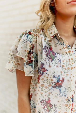 Close up of print Cowgirl Print Flutter Sleeve Blouse | Vintage Western Print Button Front Top
