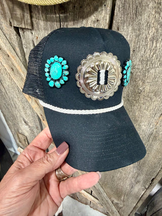 Turquoise Cluster Concho Black Trucker Hat