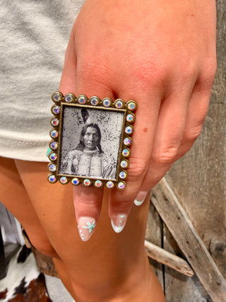 Vintage Native American Portrait Statement Ring | Western Rhinestone Adjustable Ring- Adjustable