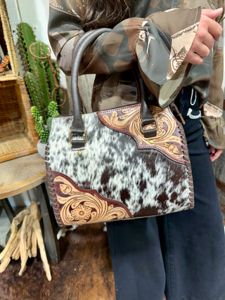 Tooled Leather & Hair-On Cowhide Western Handbag | Genuine Leather Cowhide Speedy Purse- Medium