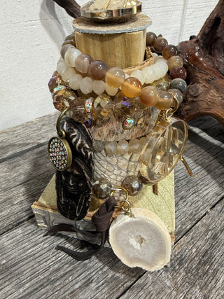 Neutral Western Bracelet Stack with Cowhide, Crystal Beads & Longhorn Charm-Set Of 7