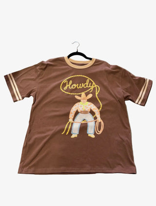 Varsity Rodeo Western Howdy Cowboy Graphic Tee | Brown Retro Cowgirl Ringer T-Shirt