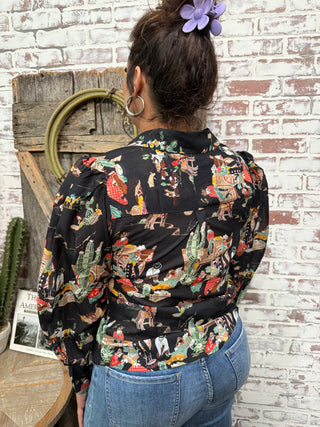 Wagon Train Western Chiffon Top – Vintage Cowgirl Print Blouse
