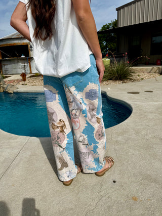 Cowboy Western Printed Barrel Jeans for Women | Vintage Rodeo Wide Leg Denim Pants