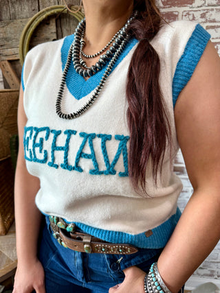 White & Turquoise Yeehaw Sweater Vest – Western Cowgirl Knit Top