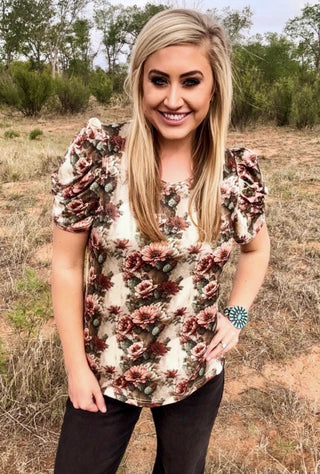 Cactus Bloom Top for Women | Floral Cactus Print Bubble Sleeve Western Top