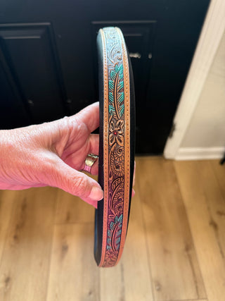 Western Tooled Leather Steering Wheel Cover with Turquoise Feather & Floral Design