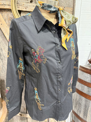 Embroidered Cowgirl Rodeo Button-Down Shirt – Western Bronco Rider Blouse