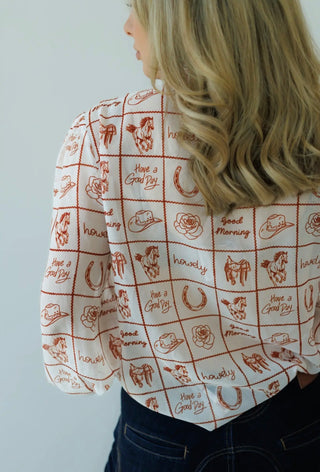 Western Howdy Print Tie Neck Blouse for Women | Vintage Cowgirl Bow Top