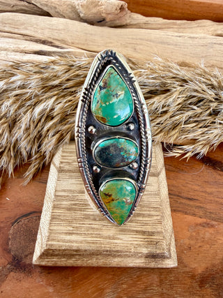Triple Turquoise Statement Ring | Adjustable German Silver Southwestern Ring
