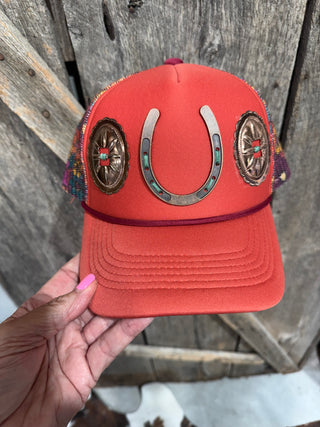 Burnt Orange Western Horseshoe Trucker Hat with Concho Accent | Women’s Boutique Cap