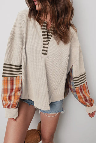Long Sleeve Waffle Knit Plaid Henley