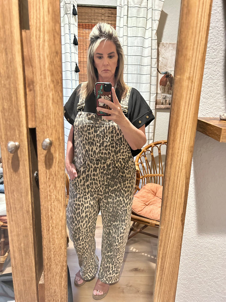 Leopard Print Barrel Overalls