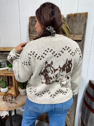 Western Horses Knit Cardigan – Speckled Bucle’ Cream Button-Up Sweater
