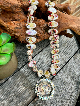 Chunky Ceramic Bead Buffalo Nickel Necklace-Red