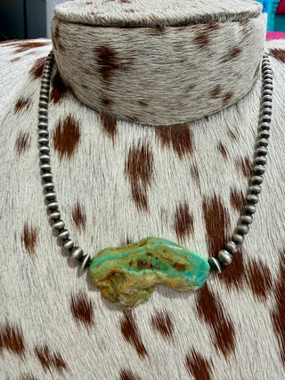 Sterling Silver Beaded Necklace with Raw Slab Genuine Turquoise | 16” Southwestern Statement Necklace
