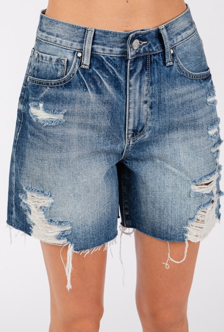 High Rise Relaxed Distressed Bermuda Shorts