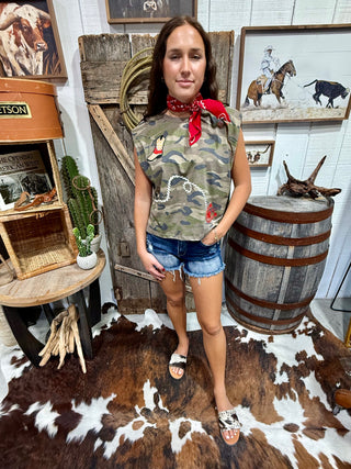 Western Embroidery Camo Rope & Cowboy Boot Muscle Tank