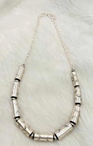 Sterling Silver Stamped Barrel Bead Necklace – Southwestern Style
