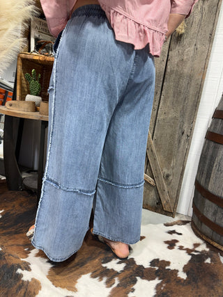 High-Waisted Wide Leg Chambray Cropped Pants | Tencel Denim Drawstring Pants