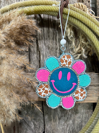 Smiley Flower Car Freshie – Cowprint & Glitter Western Air Freshener