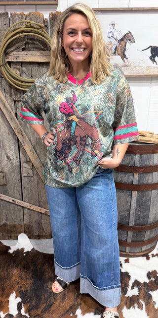 Camo Jersey Knit Varsity Rodeo Top | Western Cowboy Graphic Tee