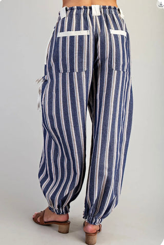 Striped Drawstring Cargo Jogger Pants | Relaxed Fit Bottoms-Navy