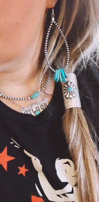 Turquoise Teardrop & Sterling Silver Pearl Hoop Earrings – 4”