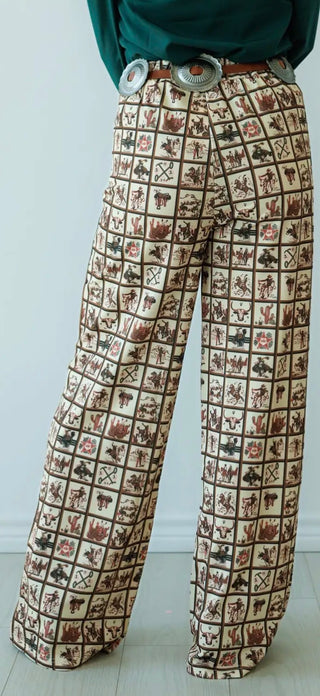 Back of Howdy Hanny-Vintage Western Square Print High Waist Wide Leg Pants