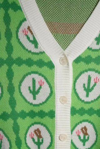 Retro Cactus Print Cardigan Sweater | Western V-Neck Button-Up Knit