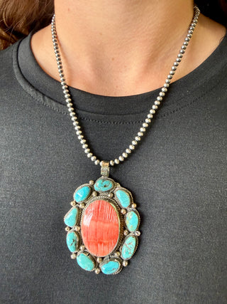 Tibetan German Silver Kingman Turquoise & Orange Spiny Oyster Pendant | Southwestern Statement Pendant