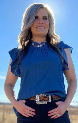 Dark Wash Denim Flutter Sleeve Top | Sterling Kreek