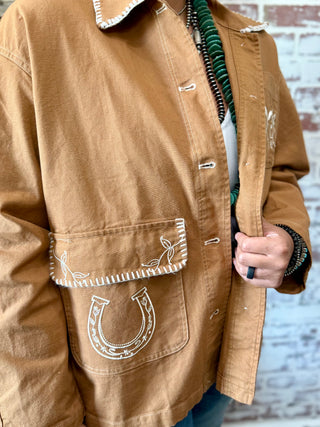 Saddle Tan Western Stitched Barn Jacket – Horseshoe & Horse Embroidery