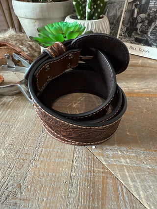 Brown Tooled Leather Western Belt With Removable Buckle
