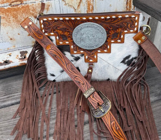 Vegas NFR Vintage Buckle Cowhide Crossbody Bag – Western Tooled Leather Fringe Purse with Adjustable Strap & Clutch Option
