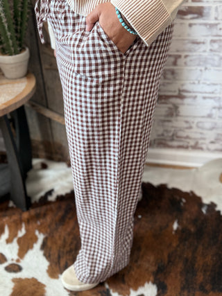 Black & White Gingham Wide-Leg Boxer Style Pants – Elastic Waist Drawstring Trousers