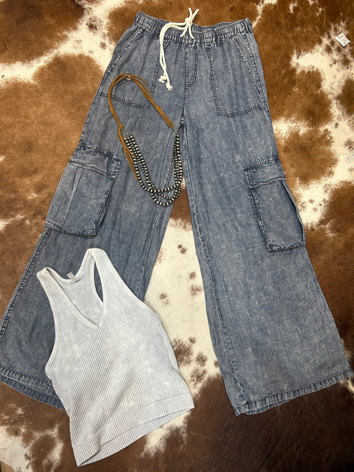 Acid Wash Denim Wide Leg Cargo Pants